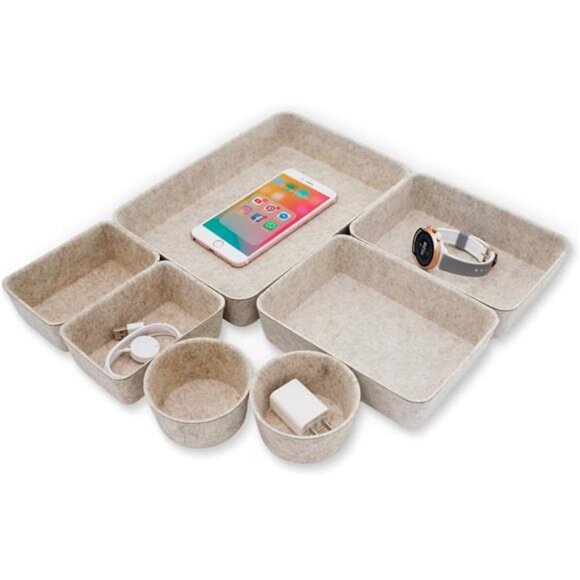 Felt Drawer Organizer Bins 7 Pack Desk Storage Tray Office Nordic Home Oatmeal - Picture 1 of 7